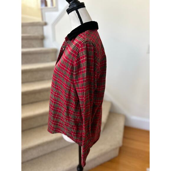 Vntg Holiday Tartan Red Plaid Flannel Long Sleeve Button Down Velvet Collar - Picture 3 of 8
